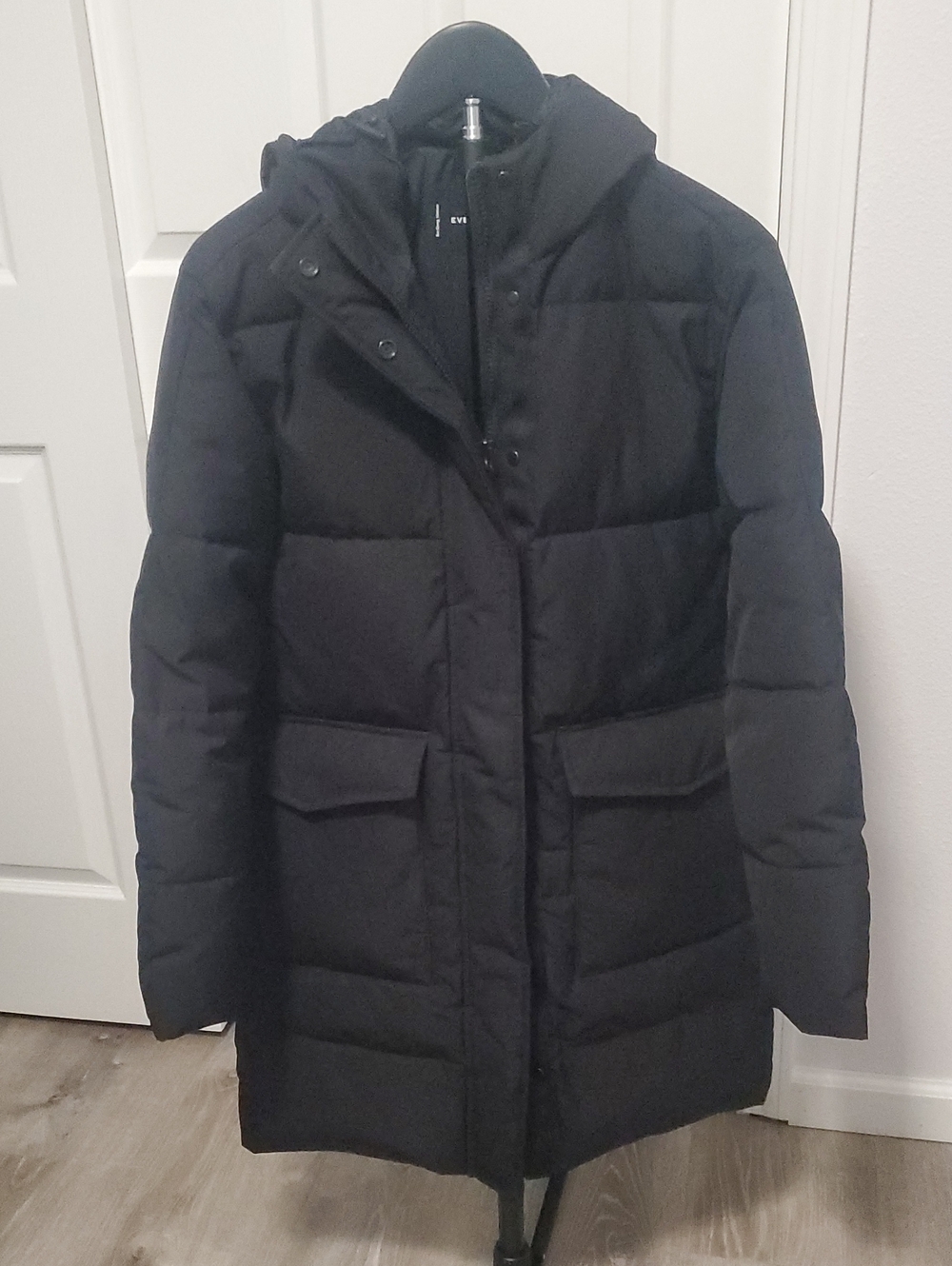 Everlane Renew Black Long Quilted Puffer Coat with Hood Size XS